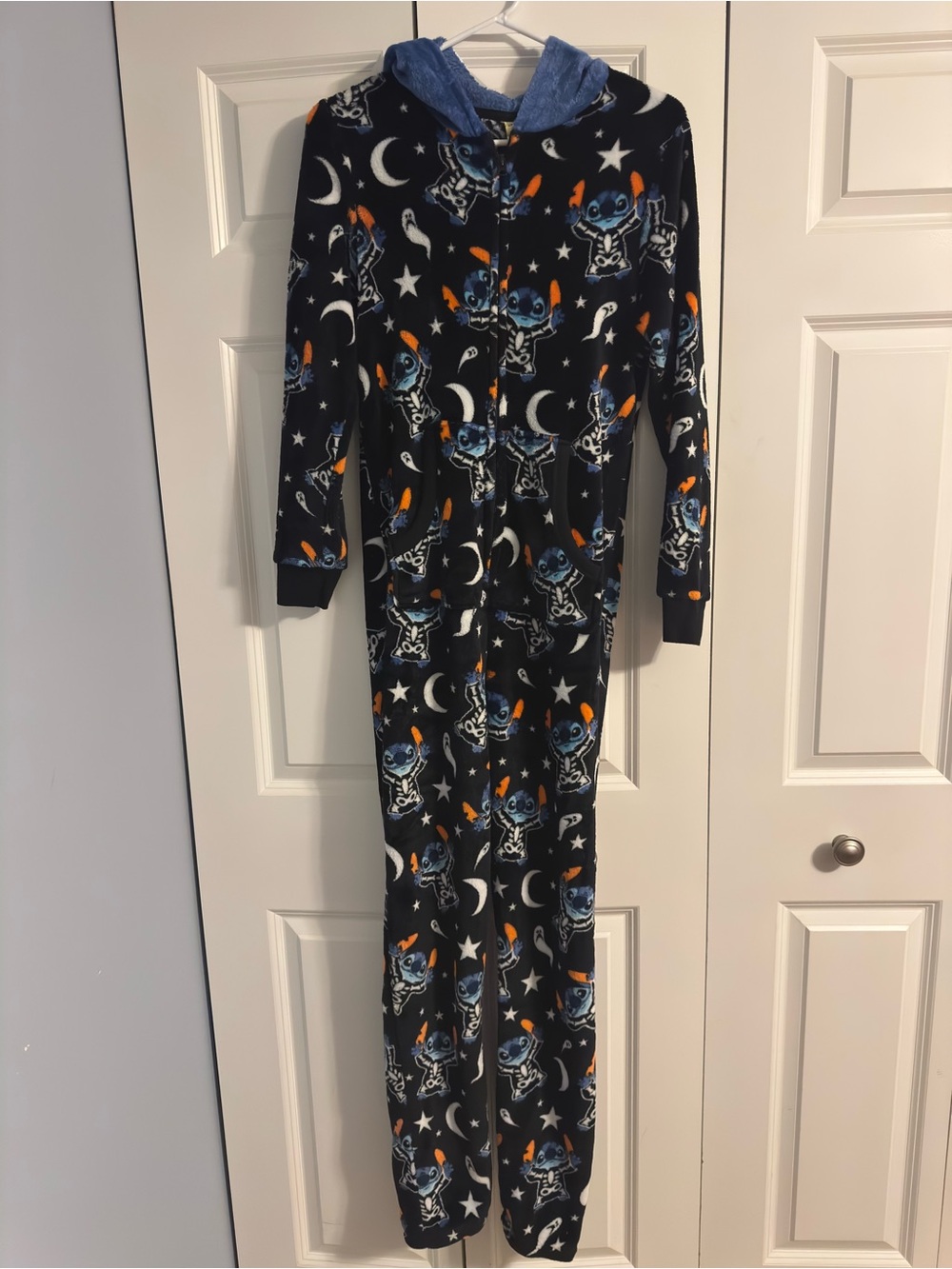 Disney Black Fleece One-Piece Pajamas with Blue Hood and Orange Accents